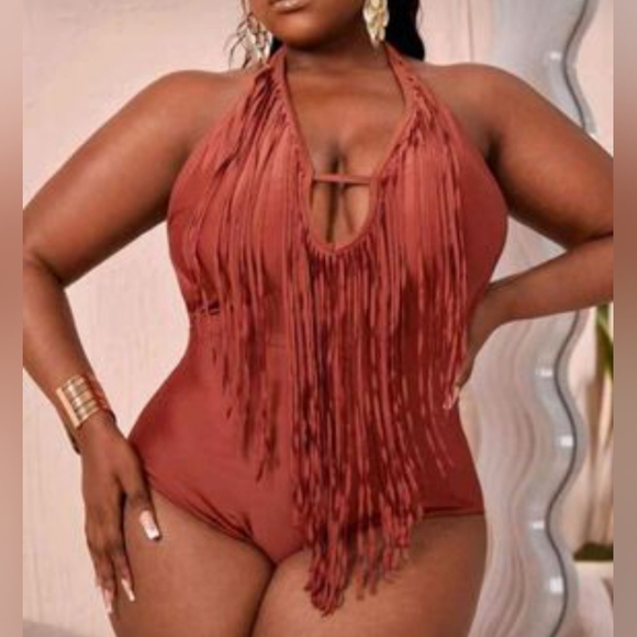 SHEIN 2XL brown fringe trim cut out tie back halter one piece swimsuit - Picture 9 of 11